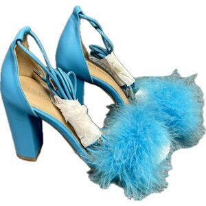 BCBG eneration Faux Feather Biny Heeled Sandal Electric Blue NEW IN BOX SIZE 5.5